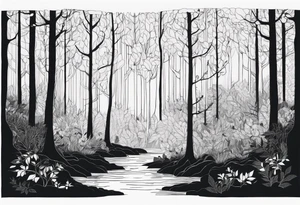 Draw me a Magical forest with s lot of trees in 2D and every tree is black and you see every trees leafs tattoo idea