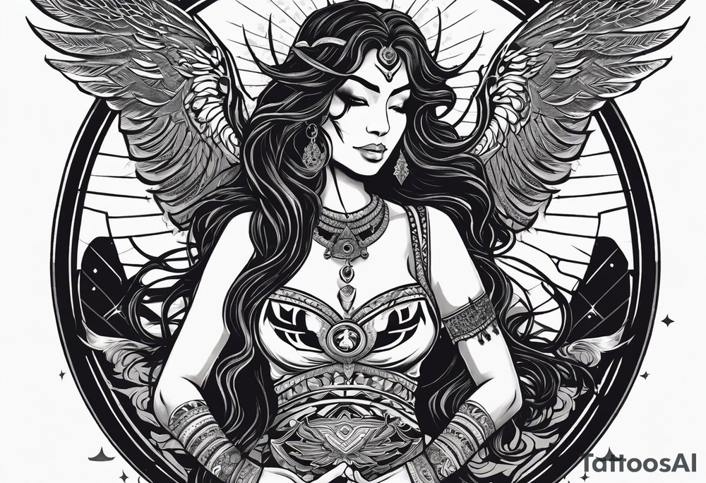 black kali, goddess pirate, alien, angel, pachamama, valkrye, warrior, flying, skull, lotus azul, wing, eagle, zenza resonance, stars, 5D, anahata chakra, death, durga, riding on a tiger, flying lady tattoo idea
