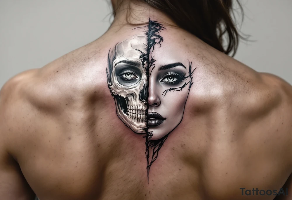 Half-Skeleton, Half-Woman Face – A realistic woman’s face split down the middle, revealing a silver-white skeleton on one side, while the other side remains beautifully human, creating a striking contrast. tattoo idea