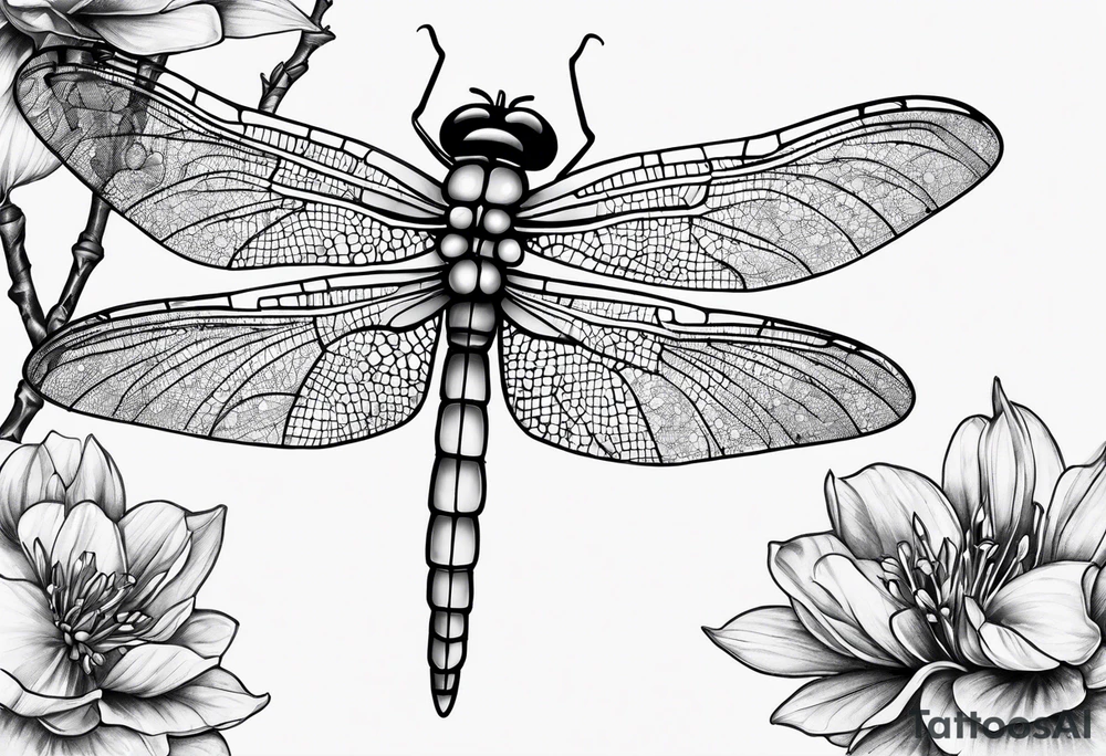 cap sleeve tattoo of a barbed wire dragonfly and a spray of bouganvillia tattoo idea