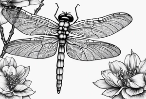 cap sleeve tattoo of a barbed wire dragonfly and a spray of bouganvillia tattoo idea
