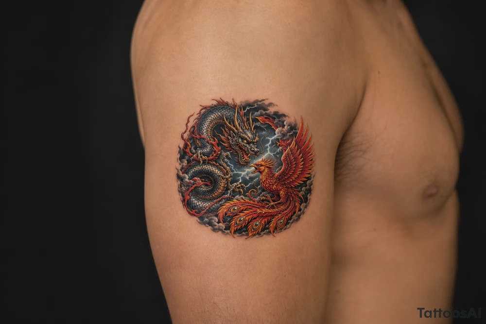 Japanese dragon and phoenix battling amidst dark storm clouds. tattoo idea