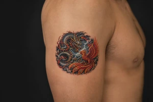 Japanese dragon and phoenix battling amidst dark storm clouds. tattoo idea