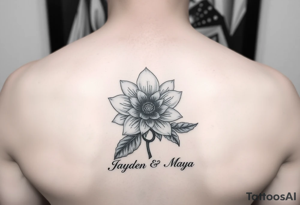 January December july birth Flower with infinity sign and the names Jayden and Maya tattoo idea