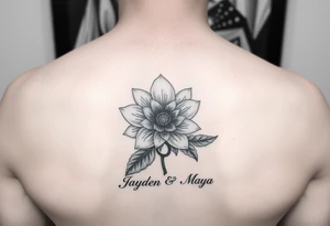 January December july birth Flower with infinity sign and the names Jayden and Maya tattoo idea