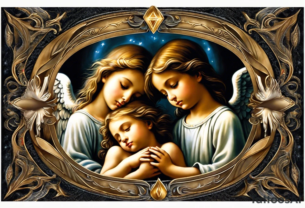 n the center of the tattoo, there's a serene scene of three angels praying together. The two boy angels are on either side of the girl angel, with their wings gently enfolding her in a protective embrace. Each angel has a peaceful expression on their face, and their hands are clasped together in prayer. Rays of light emanate from above, surrounding the angels with a divine glow. tattoo idea