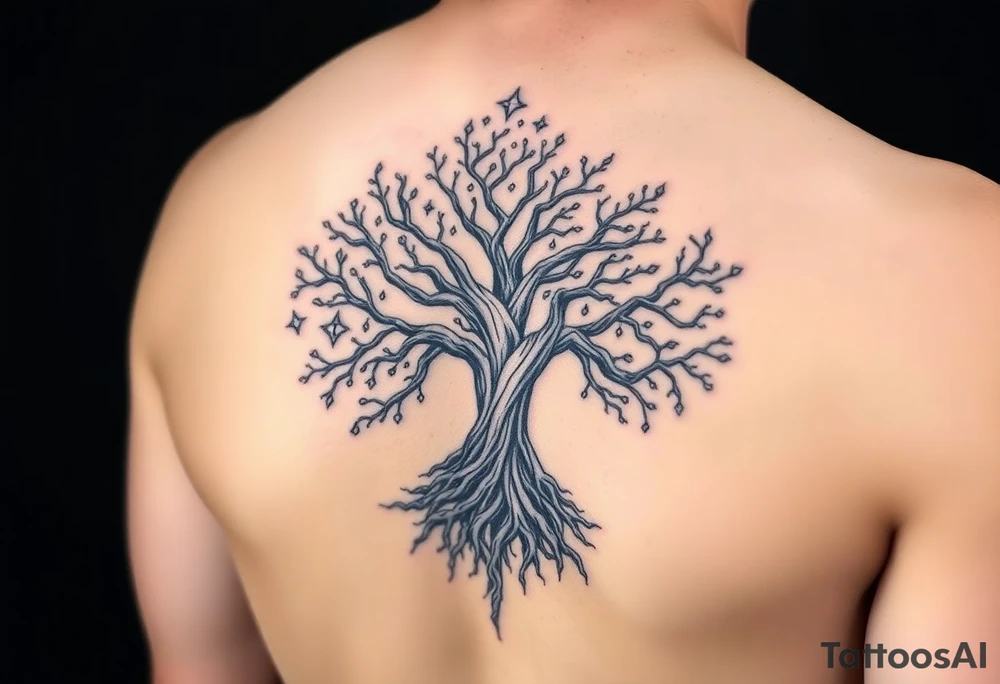 mystical tree of life with cosmic roots and celestial branches tattoo idea