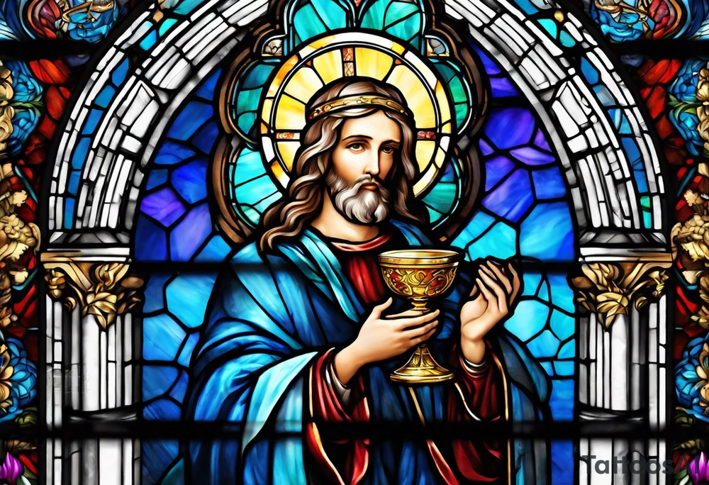holy saint stained glass holding a chalice tattoo idea