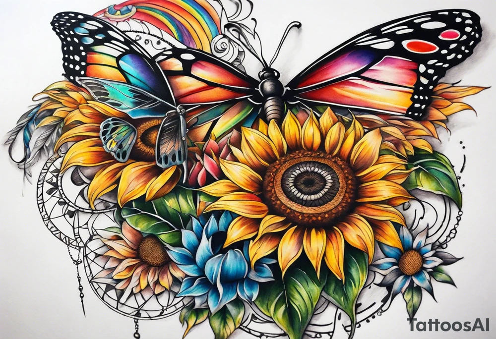 Quarter Leg sleeve with dreamcatcher, rainbow sunflowers and one butterfly tattoo idea