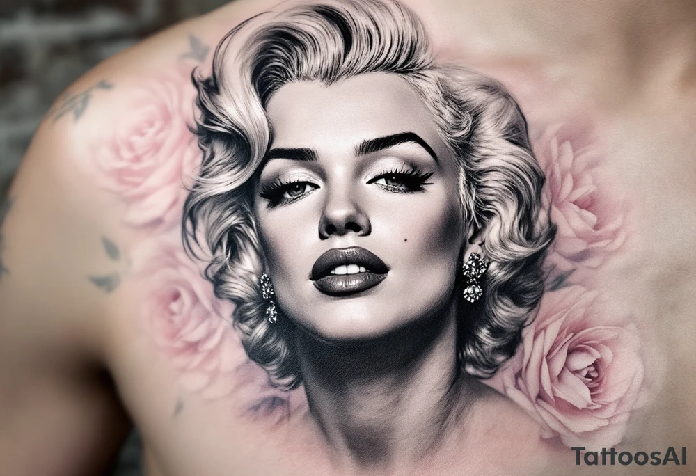 Grayscale Monroe portrait with a background of soft pastel roses in blush pink and lavender. tattoo idea