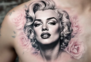 Grayscale Monroe portrait with a background of soft pastel roses in blush pink and lavender. tattoo idea