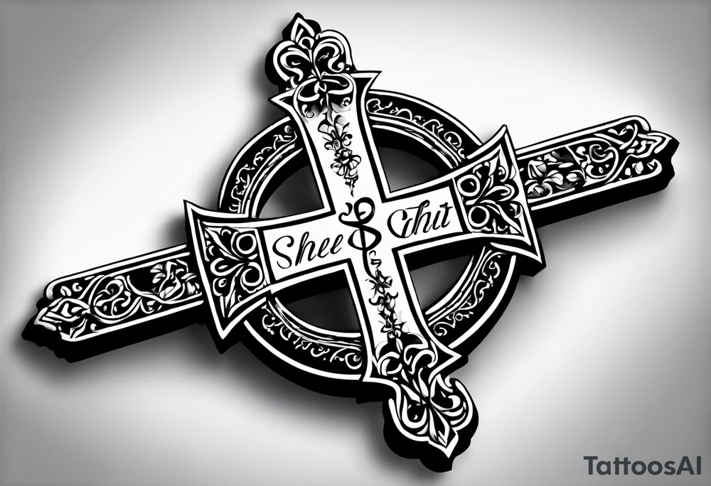 Create a small wrist sized tattoo that has Proverbs 31:25 "She is clothed with strength and dignity, and she laughs without fear of the future"

I would like a cross with text wrapped around it tattoo idea