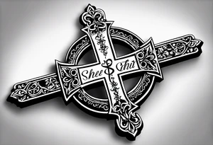 Create a small wrist sized tattoo that has Proverbs 31:25 "She is clothed with strength and dignity, and she laughs without fear of the future"

I would like a cross with text wrapped around it tattoo idea