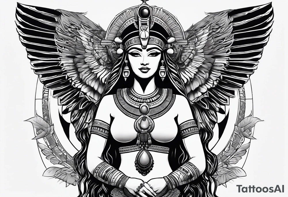 Powerful majestic full body from head to toe tattoo design of ancient Egyptian goddess sehkmet tattoo idea