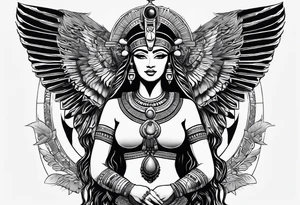 Powerful majestic full body from head to toe tattoo design of ancient Egyptian goddess sehkmet tattoo idea