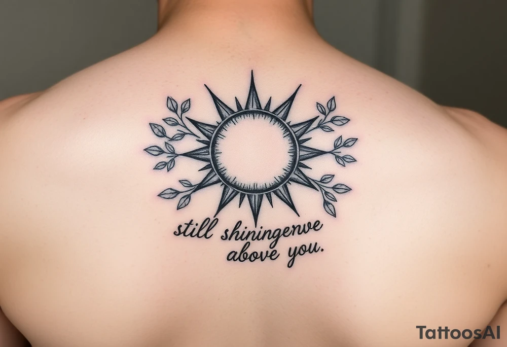 Fine line, rib tattoo, including a sun and olive branches. The words “still shining above you” in it tattoo idea