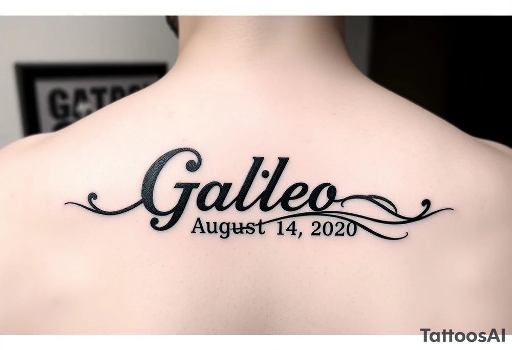 disney symbol with the name Galileo and the date August 14,2020, incorporated tattoo idea