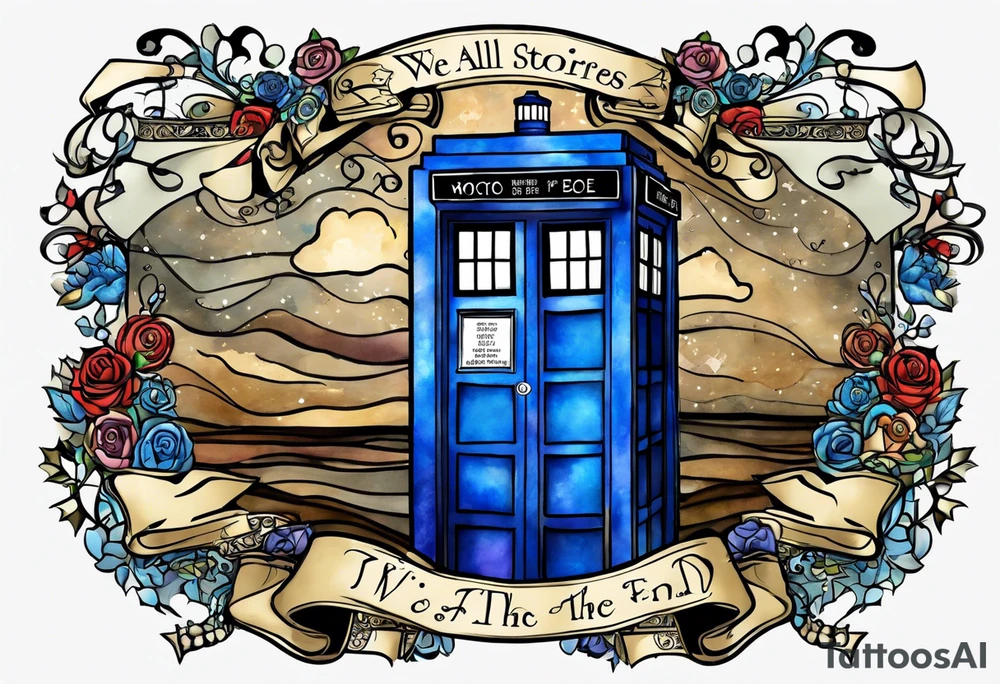 River songs diary from doctor who with the words "We're all stories in the end" I want just the TARDIS blue diary and those words in ribbons or something around the diary tattoo idea