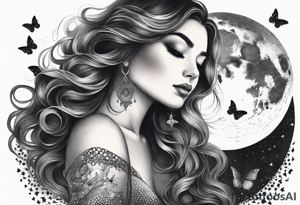 Beautiful woman with butterflies in her long wavy hair sitting on a half moon, with a moon and star background tattoo idea