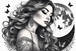 Beautiful woman with butterflies in her long wavy hair sitting on a half moon, with a moon and star background tattoo idea