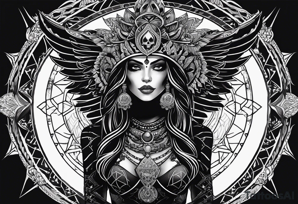 black kali, goddess pirate, alien, pachamama, valkrye, warrior, skull, lotus azul, wing, eagle, zenza resonance, stars, 5D, anahata chakra tattoo idea