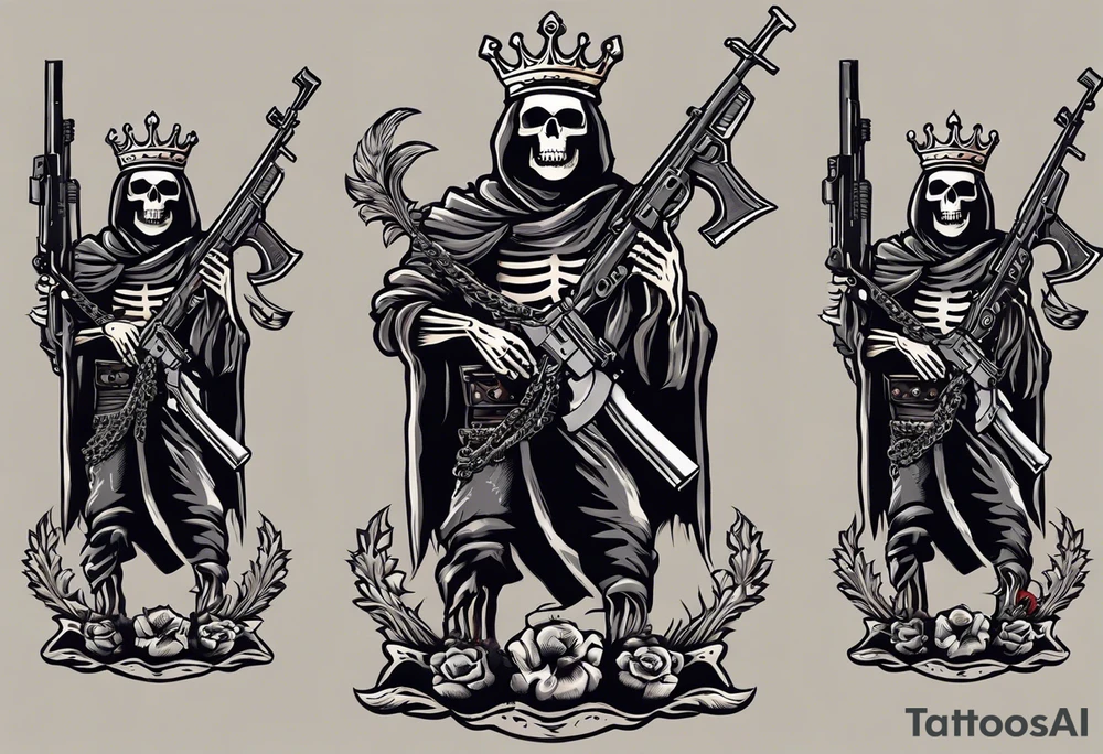 image of a skeleton standing frontally with a crown on his head, holding an AK-47 on his shoulder with his right hand. The chain on the left should be taut, there are three angry barking Dobermans in it, near the waist tattoo idea