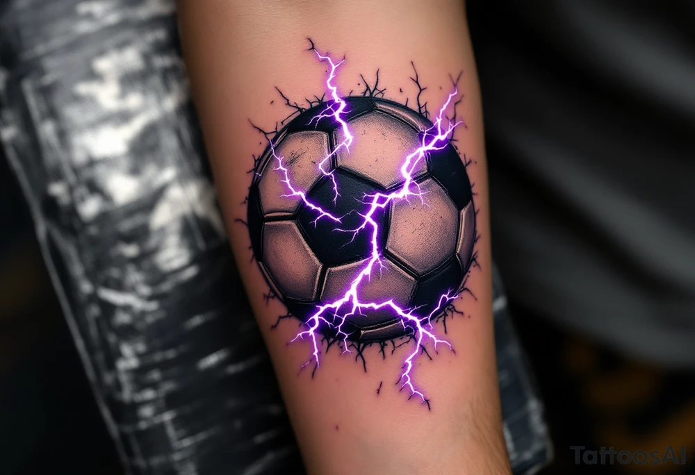 A black soccer ball with purple lightning bolts cracking across its surface. tattoo idea