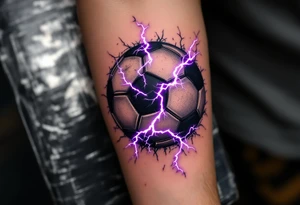 A black soccer ball with purple lightning bolts cracking across its surface. tattoo idea
