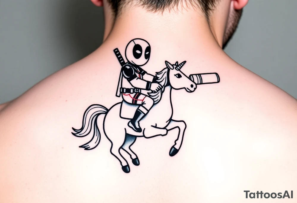 Deadpool riding unicorn pointing rocket propelled grenade launcher tattoo idea