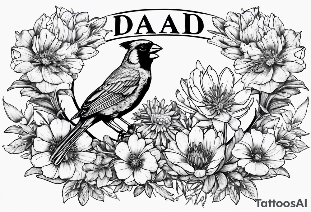 Aster flowers and sea rocket flowers with a cardinal around the words Dad tattoo idea