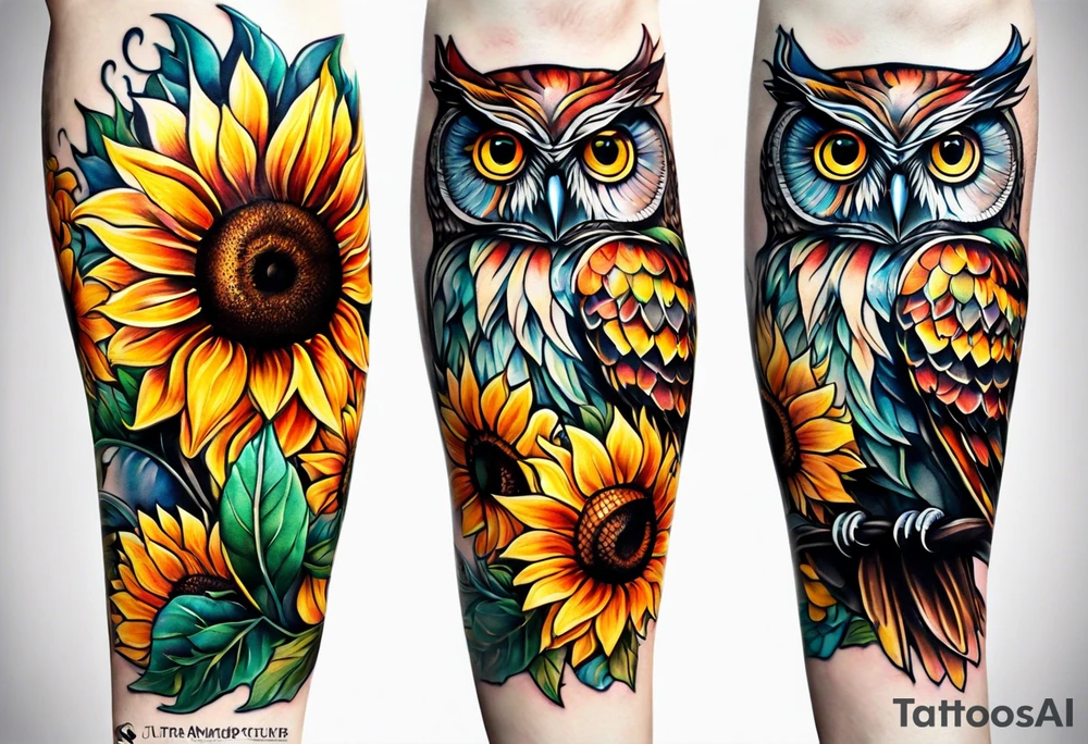 Leg sleeve with colorful sunflowers and an owl tattoo idea