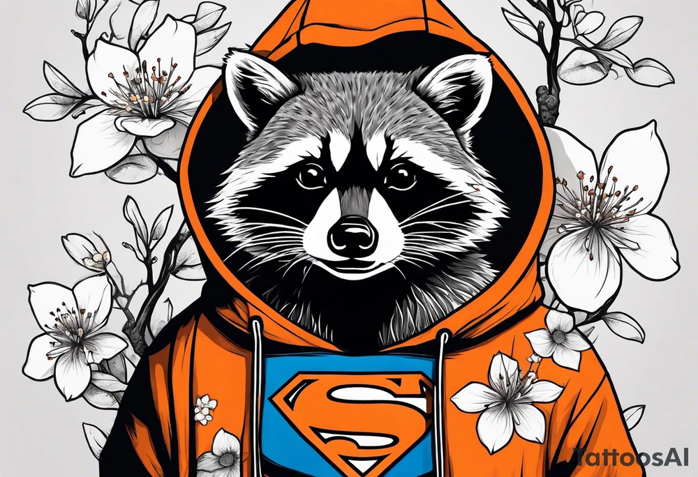 raccoon wearing a black and white Superman hoodie and orange Japanese cherry blossoms tattoo idea