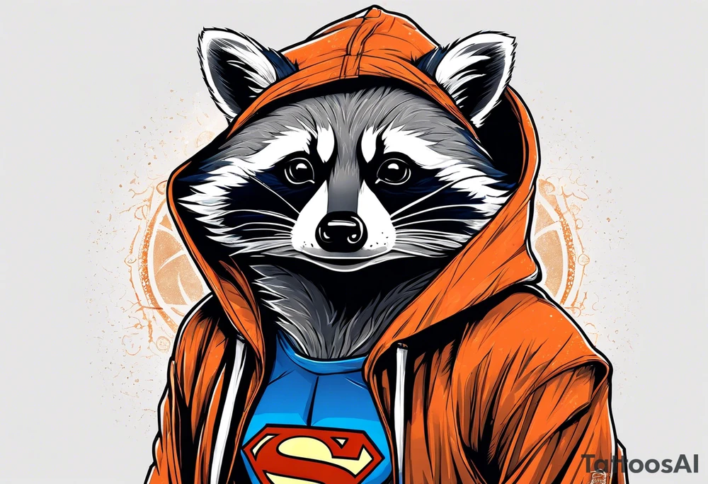Raccoon wearing an orange Superman hoodie tattoo idea