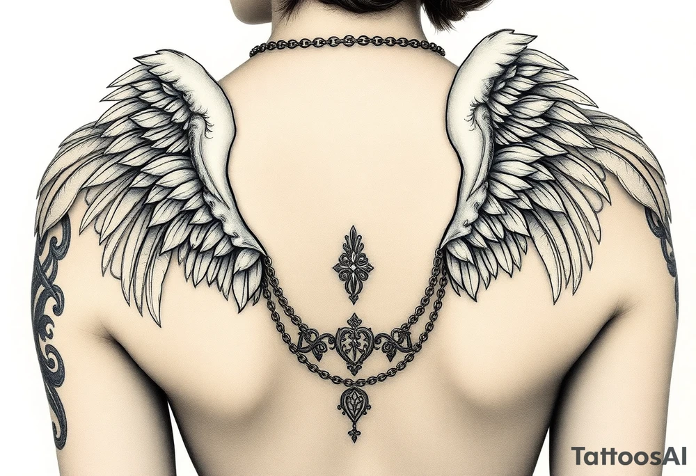 Create a statue of some angel, ruined with a corrupt criminal/thug style, tattoos, jewelry, gold necklaces. I would like this to be placed on the left arm. tattoo idea
