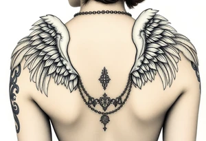 Create a statue of some angel, ruined with a corrupt criminal/thug style, tattoos, jewelry, gold necklaces. I would like this to be placed on the left arm. tattoo idea