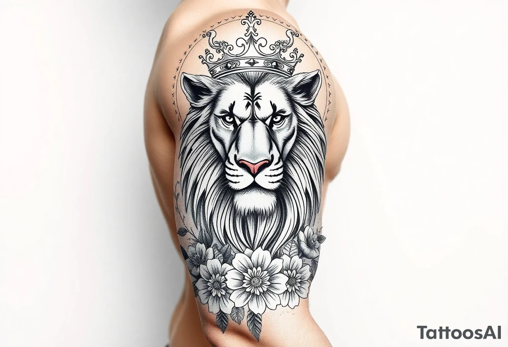 powerful majestic lion with a crown, surrounded by floral ornaments and birds tattoo idea