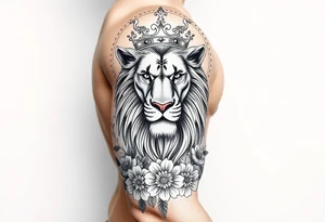 powerful majestic lion with a crown, surrounded by floral ornaments and birds tattoo idea