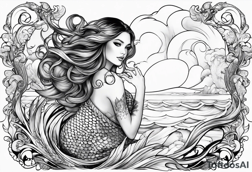mystical 
 mermaid with long 
flowing tail and hair, tattoo sleeve tattoo idea