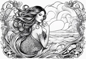 mystical 
 mermaid with long 
flowing tail and hair, tattoo sleeve tattoo idea
