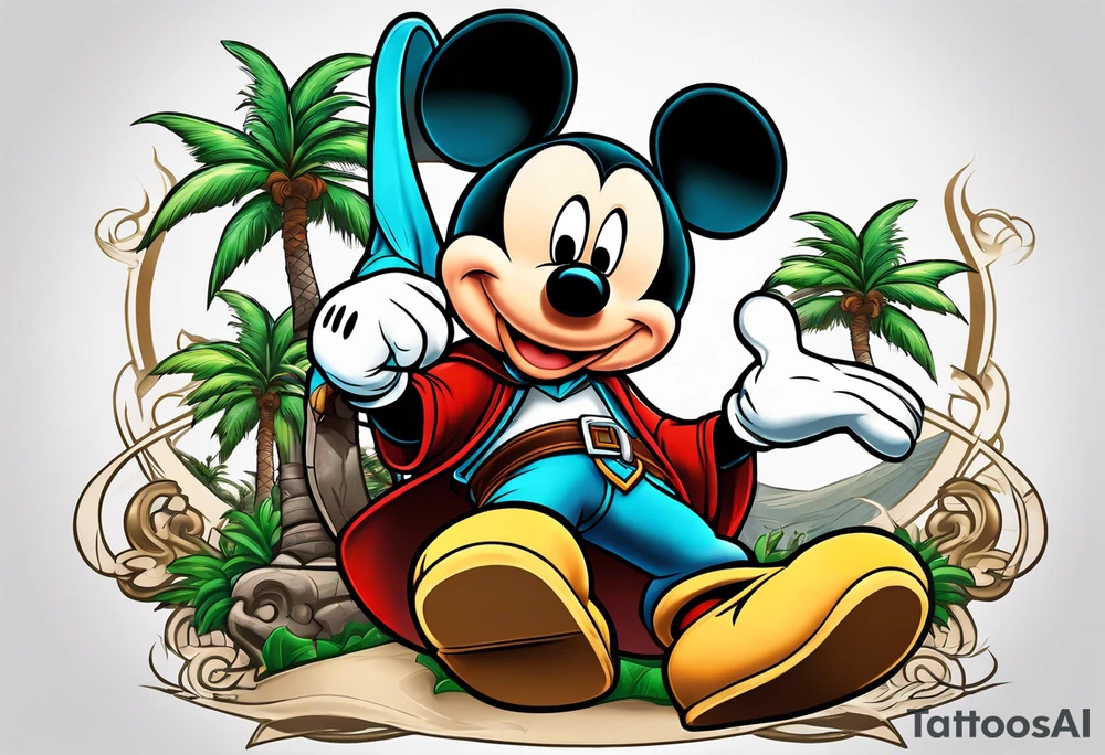 mickey mouse as assassins creed character with palm trees and celtic symbol for family tattoo idea