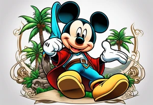 mickey mouse as assassins creed character with palm trees and celtic symbol for family tattoo idea