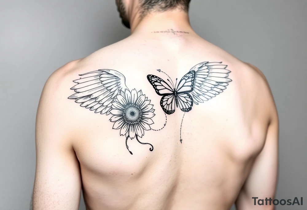 Sleeve with angel girl wings, sunflower and butterfly tattoo idea tattoo idea