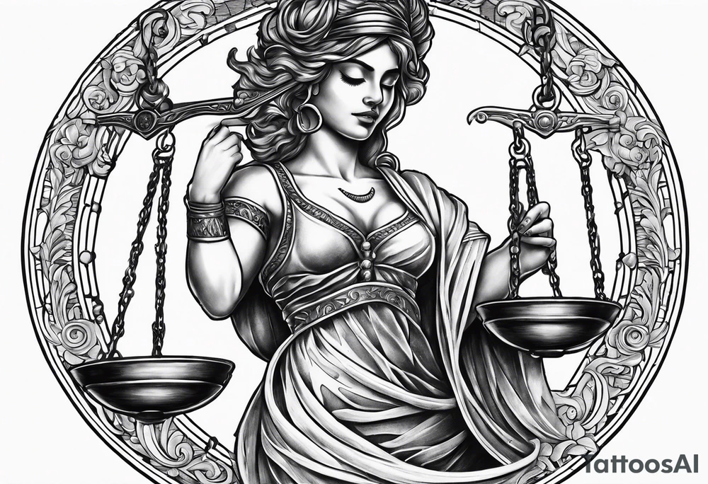 Themis holding the scales of justice while blindfolded with a moon in the background tattoo idea