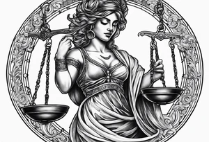 Themis holding the scales of justice while blindfolded with a moon in the background tattoo idea