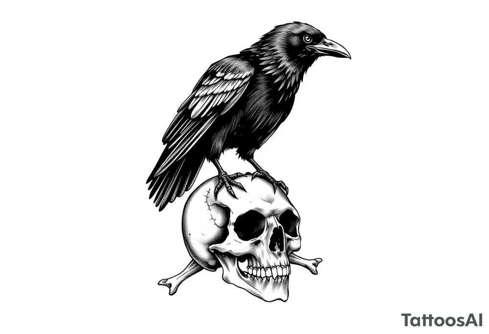 a raven stands on a skull,bones. tattoo idea