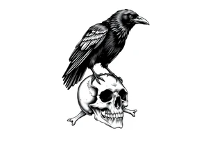 a raven stands on a skull,bones. tattoo idea