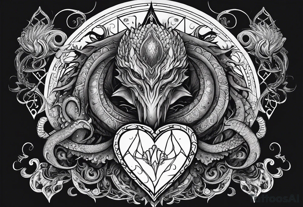 Long tattoo for arm. Lovecraftian creature, protecting a heart. Ctulhu. tattoo idea