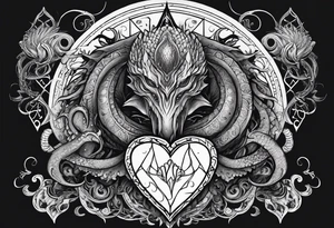 Long tattoo for arm. Lovecraftian creature, protecting a heart. Ctulhu. tattoo idea