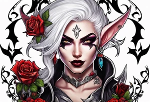 night elf demon hunter designed like harley quin with white hair and roses tattoo idea