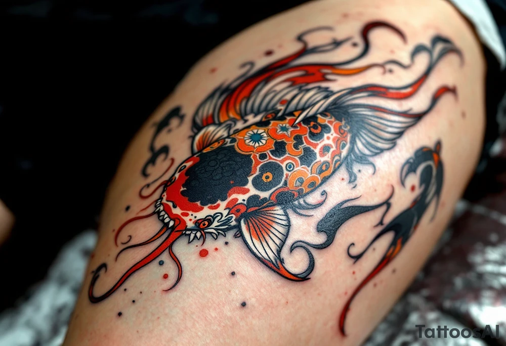 Tattooed Koi with Japanese Motifs – A koi fish covered in traditional Japanese tattoos across its own body, combining modern and ancient symbolism. tattoo idea
